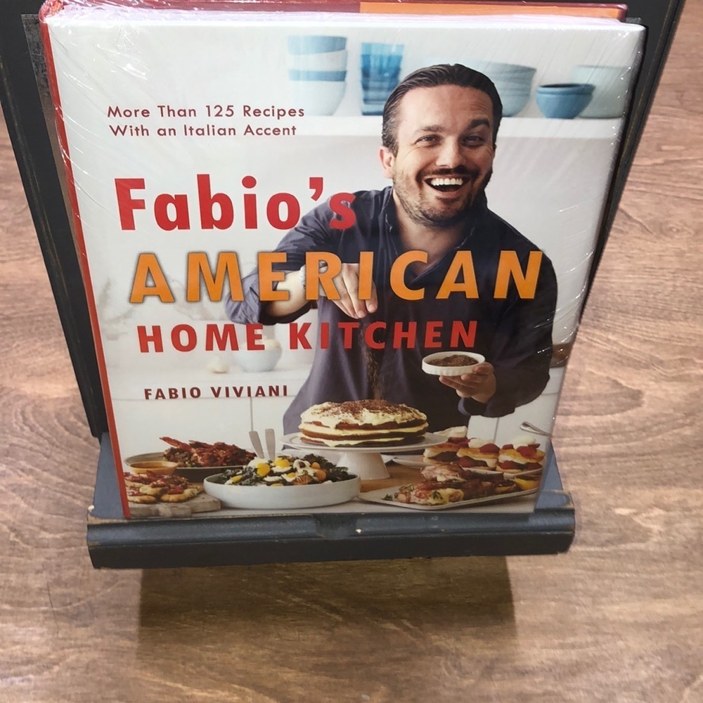 Grey wooden kitchen cookbook stand decor